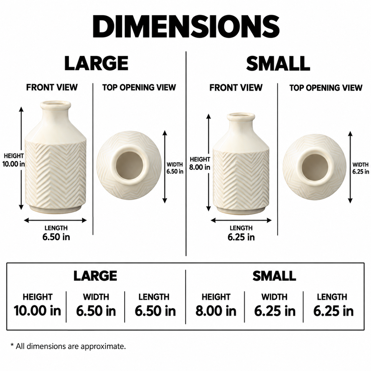 A dimension chart for a ceramic vase, showing large and small size options with front view, top opening view, height, width, and length measurements on a white background.