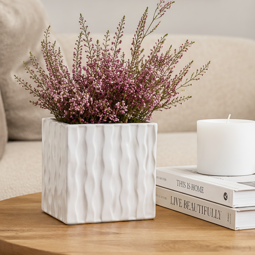 A white textured ceramic square planter holding pink heather stems, styled on a wooden table next to a stack of books and a white candle in a cozy living room setting.