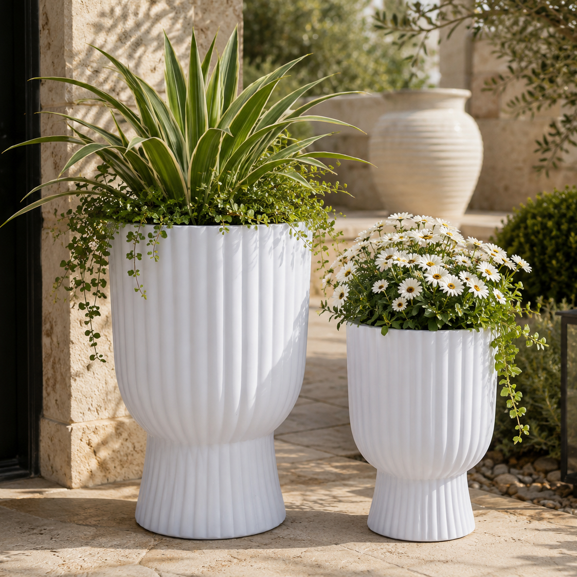 Xena Fluted Pedestal Fiberglass Planter Set (Set of 2)