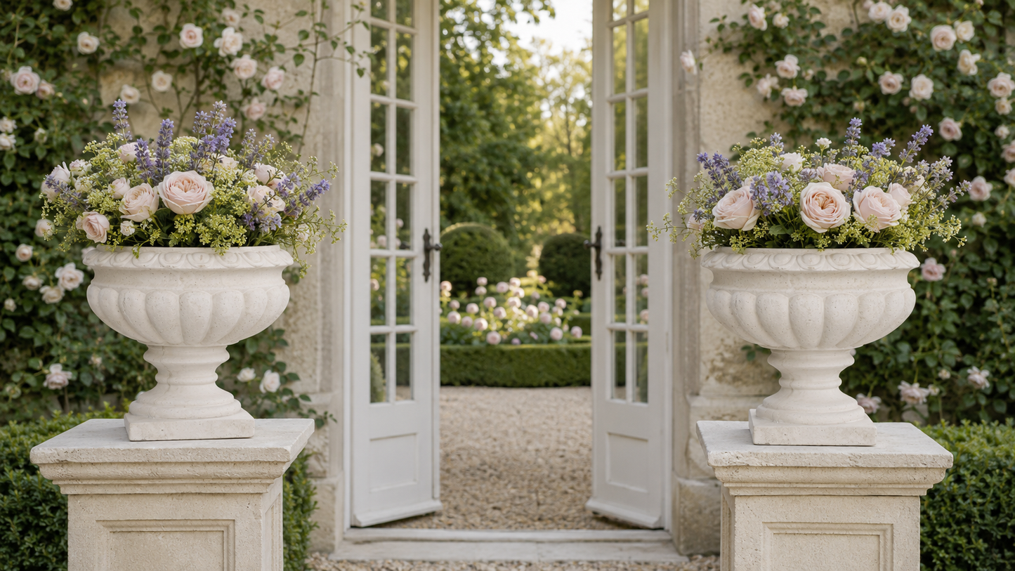 Two large white stone urn planters filled with blush pink and lavender flowers, placed on matching pedestals on either side of open white French doors in a garden setting.