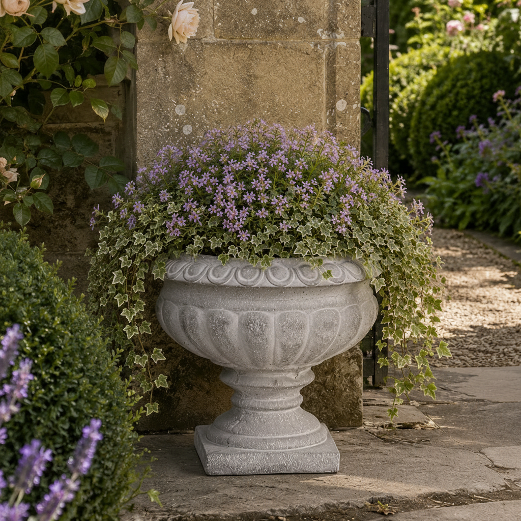 A large gray stone urn planter filled with trailing ivy and small purple flowers, placed outdoors against a stone pillar in a garden setting.