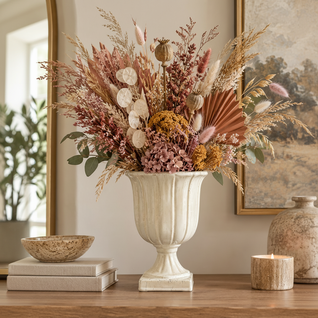 A large white classical-style urn vase filled with a decorative dried floral arrangement in muted pink, beige, tan, and brown tones, displayed on a wooden console table in a warm interior setting.