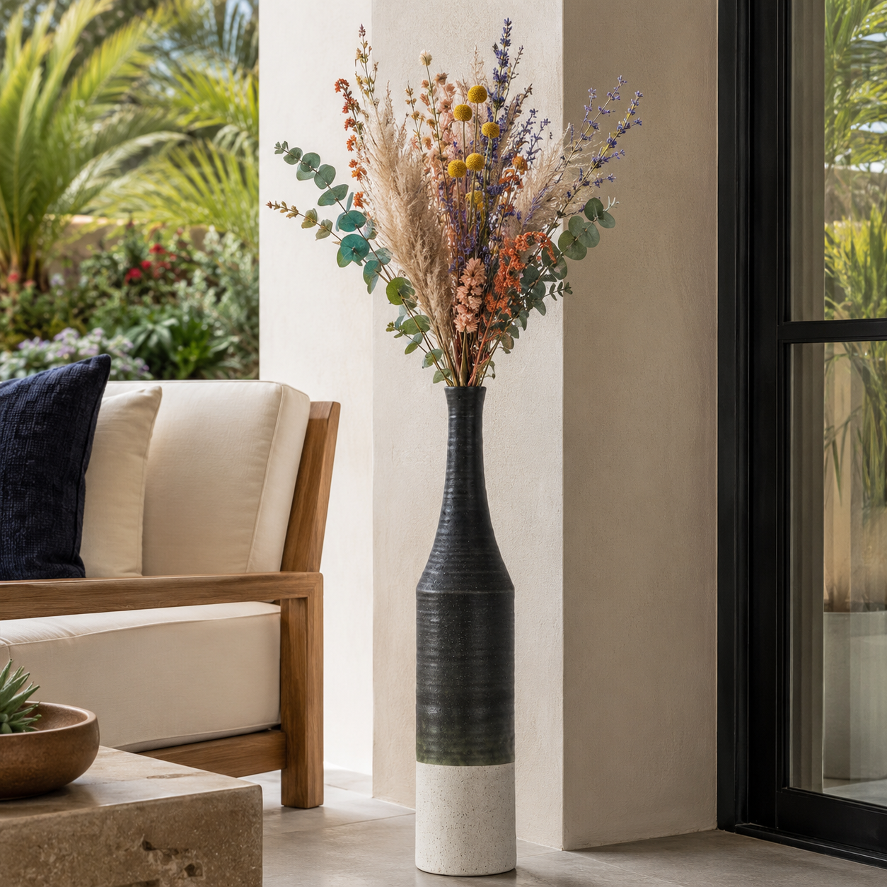 Zeliha Ceramic Bottle Vase with Combed Design