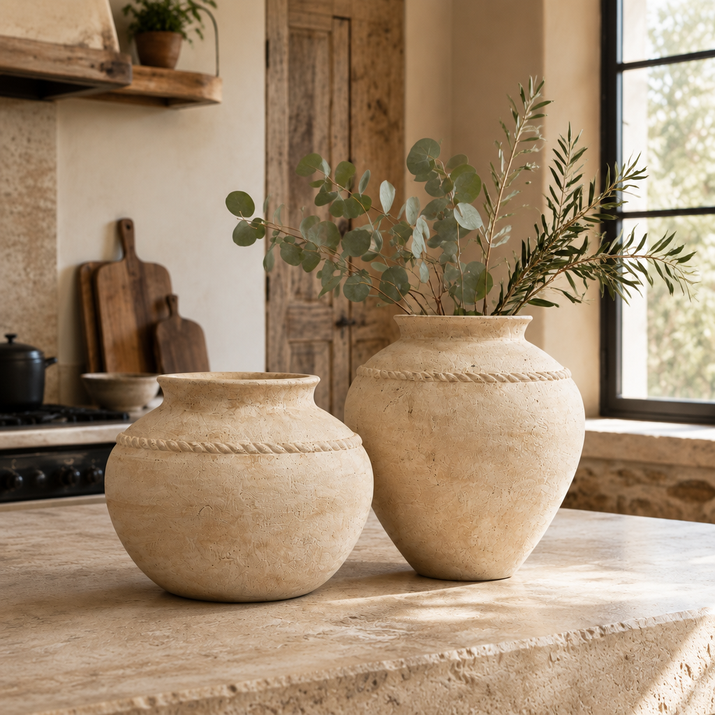 Two round beige ceramic vases with rope-like decorative bands, one filled with eucalyptus branches, displayed on a stone kitchen counter.