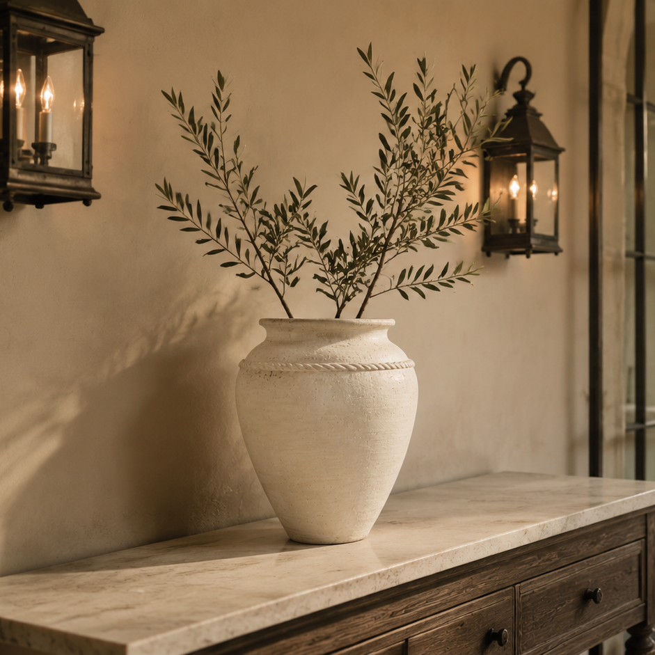 A large cream-colored ceramic vase filled with olive branches sits on a stone console table in a Mediterranean-style interior, with black lantern wall sconces and an open glass door revealing a garden view.