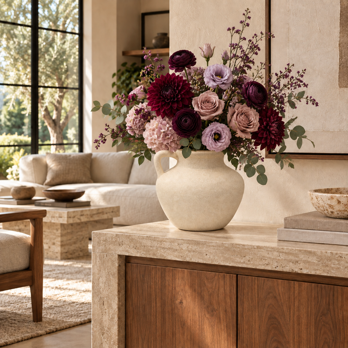 A large cream-colored ceramic vase filled with a lush floral arrangement of burgundy, pink, and lavender flowers, displayed on a stone-topped console table in a modern, sunlit living room.