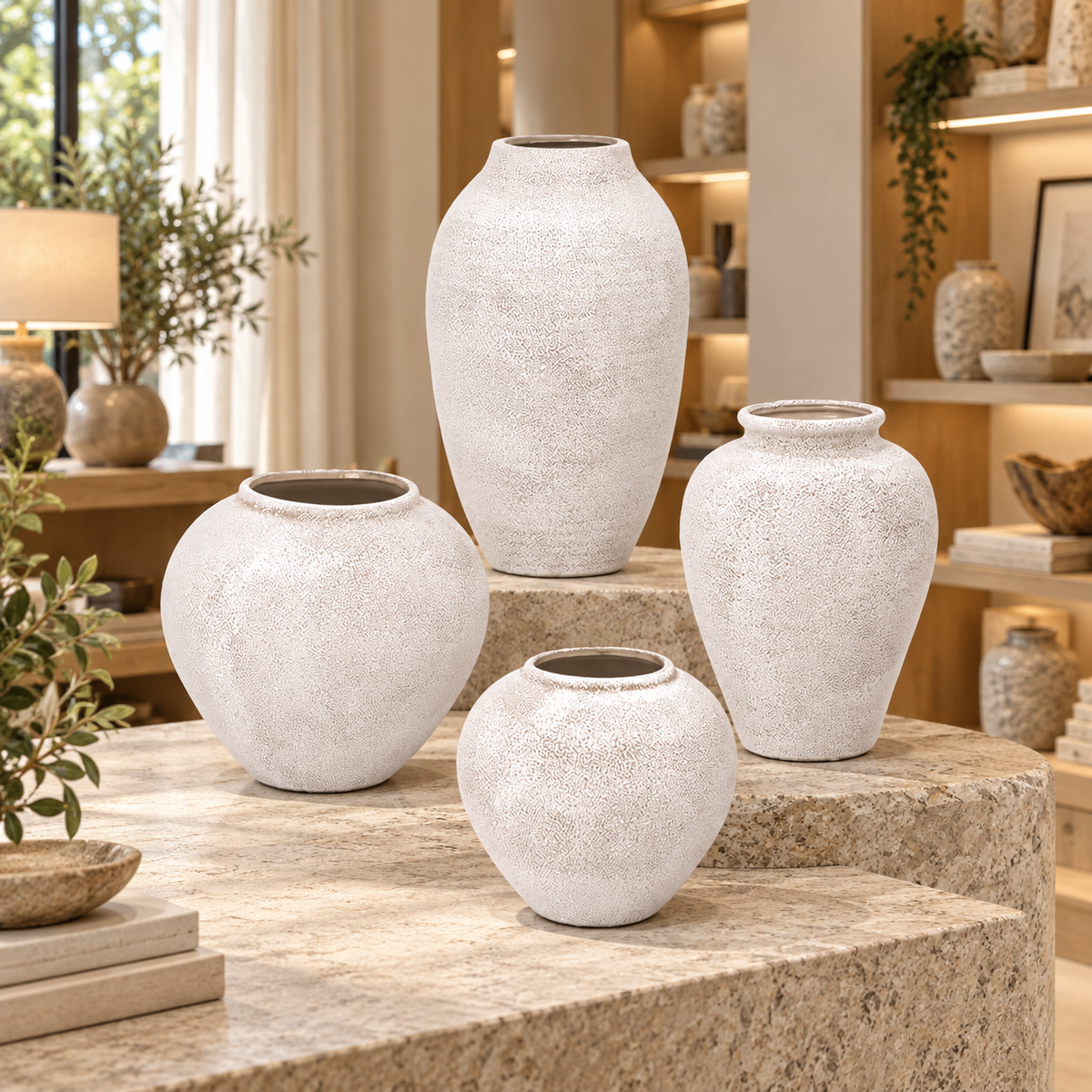 Four textured ceramic vases in varying sizes arranged on stone pedestals inside a warm, modern home decor showroom.