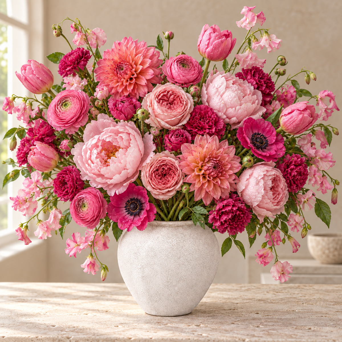 A large, vibrant floral arrangement of pink and magenta flowers in a textured white ceramic vase, set on a light wooden table in a softly lit room.