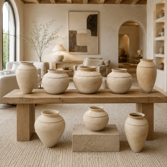 A set of rustic, earth-toned ceramic vases displayed on a wooden table and pedestal in a beautifully styled, neutral-toned living room.
