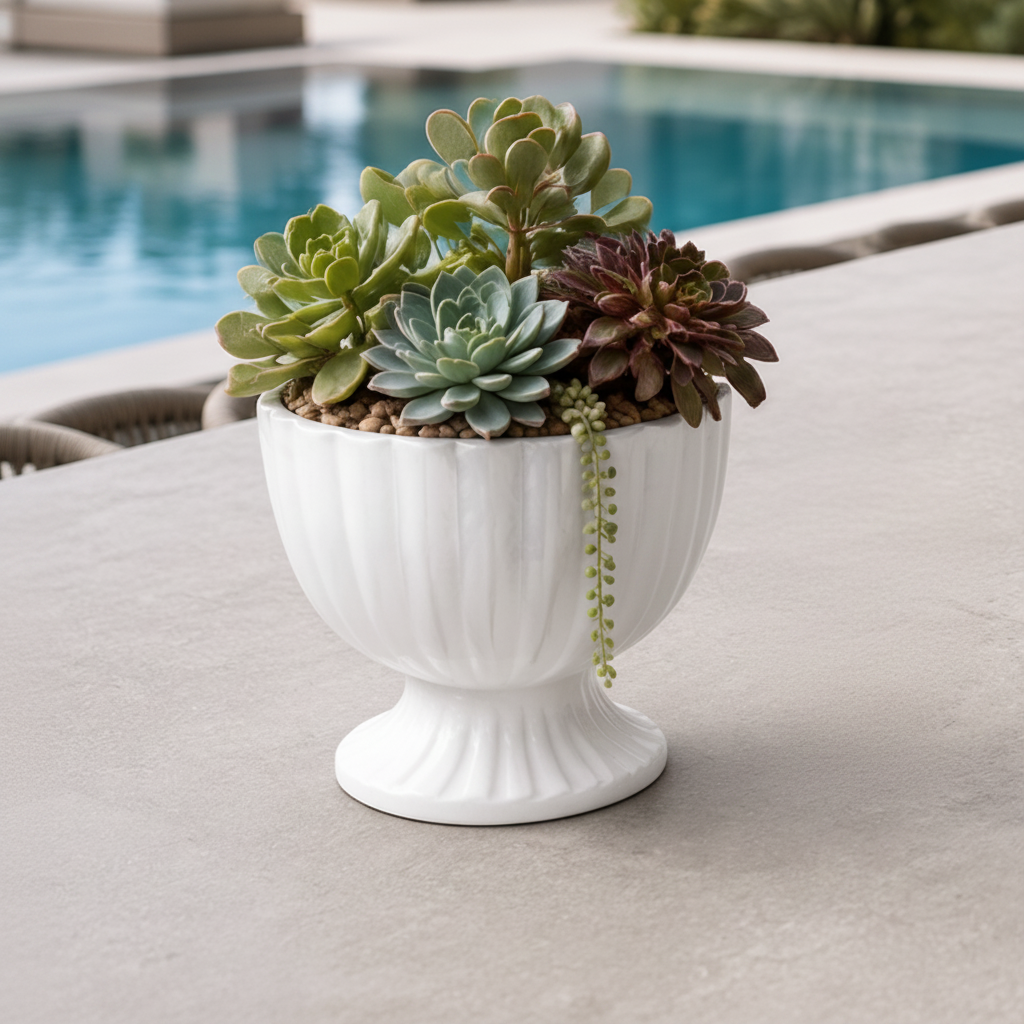 white ceramic planter pots with fluted detailing, filled with various green and purple succulents, set on a light gray patio with a swimming pool in the background.