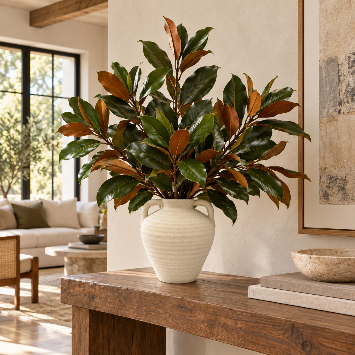 A large artificial magnolia plant with glossy green and bronze-brown leaves arranged in a ribbed cream ceramic vase, displayed on a rustic wooden console table in a modern living room setting.