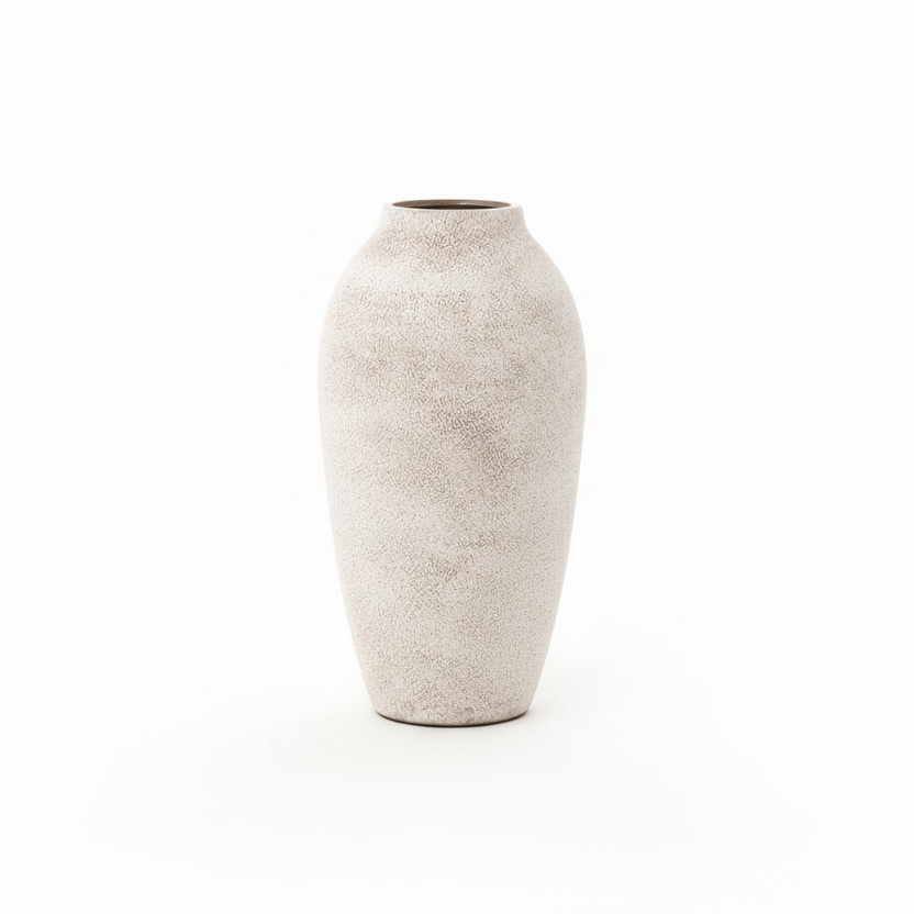 A tall, matte ceramic vase with a textured, speckled finish in a light warm gray-beige color, centered on a seamless white background.