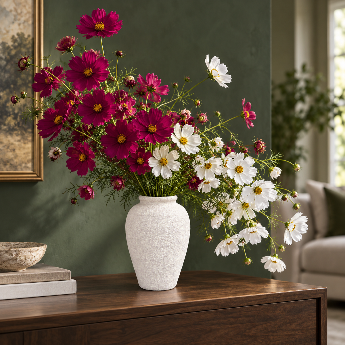 A white textured ceramic vase filled with a large arrangement of cosmos flowers, including deep pink, burgundy, and white blooms with yellow centers, displayed on a dark wood console table in a living room setting.