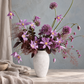 A dried floral arrangement in a textured off-white ceramic vase, featuring purple clematis flowers, allium-like spheres, and dusty burgundy filler stems, set on a stone tabletop with draped linen and a textured gray wall in the background.