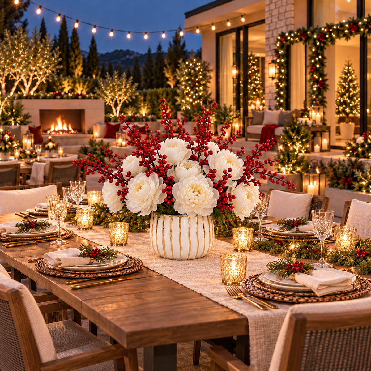 A festive holiday outdoor dining setup with a large white floral centerpiece in a ribbed vase on a wooden table, surrounded by lit candles, place settings, and decorated patio seating in the background.