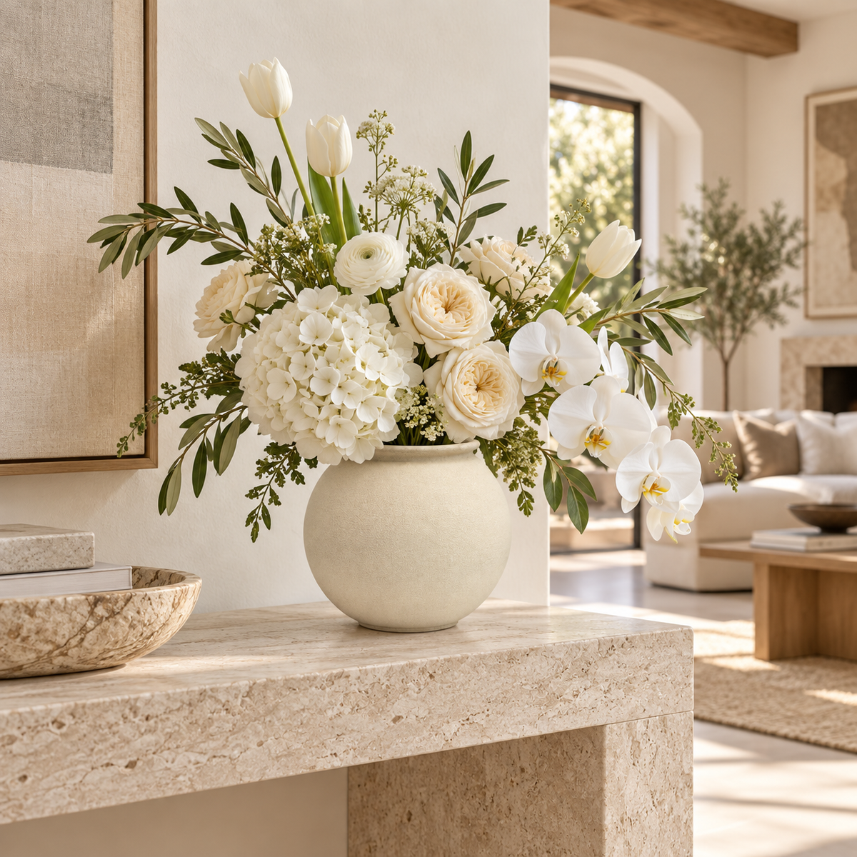A large cream-colored ceramic vase filled with a lush floral arrangement of white orchids, cream roses, tulips, and hydrangeas, styled on a stone console table in a bright, modern living room.