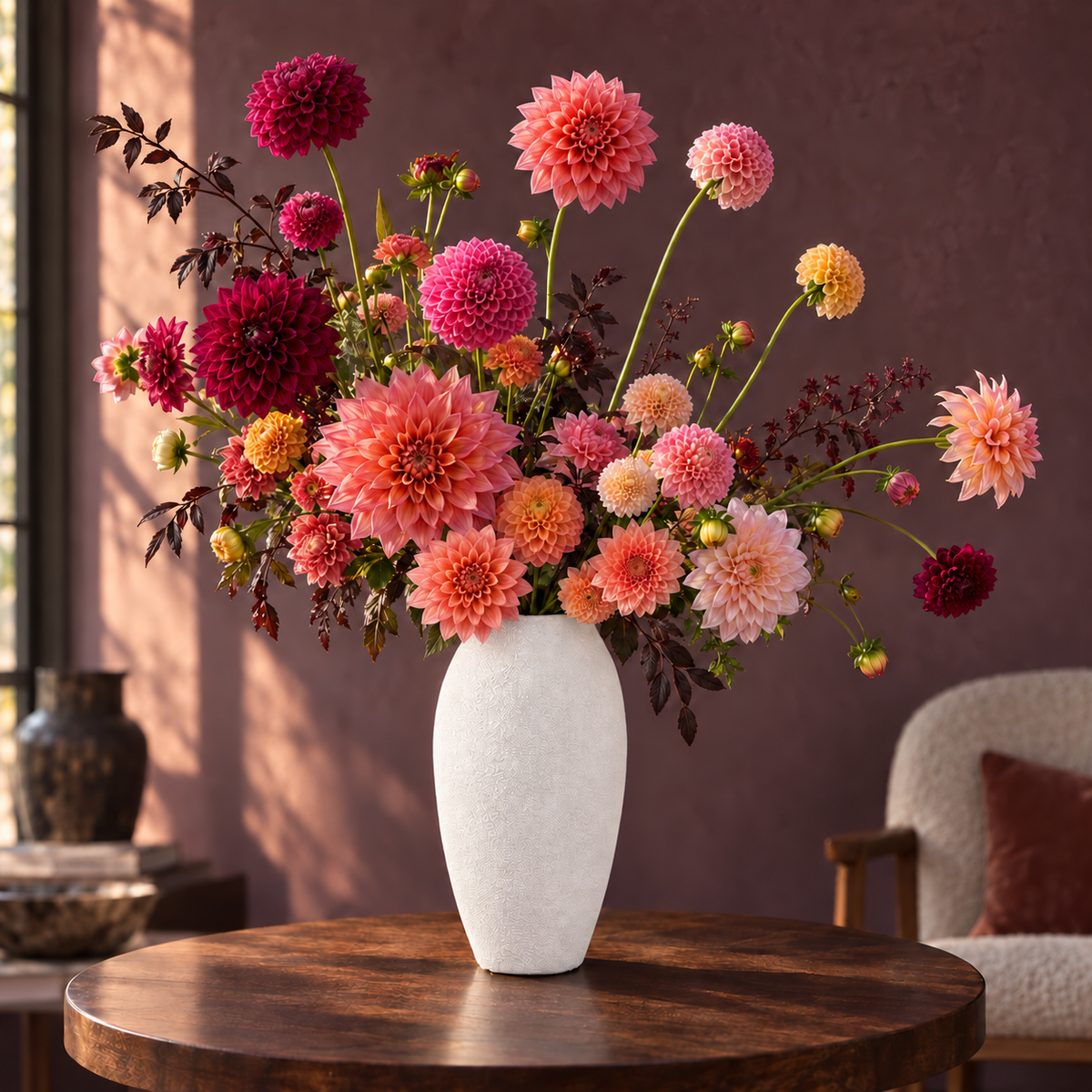 A vibrant floral arrangement of pink, red, and orange dahlias in a textured white ceramic vase, displayed on a dark wooden table in a warm, modern living room setting.