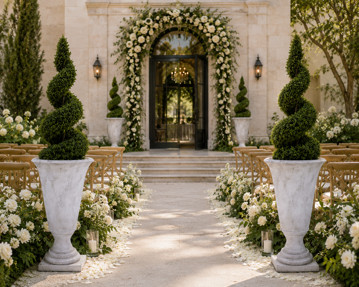 A beautifully styled wedding venue entrance with a stone pathway leading to an arched doorway decorated with white flowers and greenery. Large white urn planters with sculpted topiary trees flank the aisle, with wooden chairs arranged on both sides.