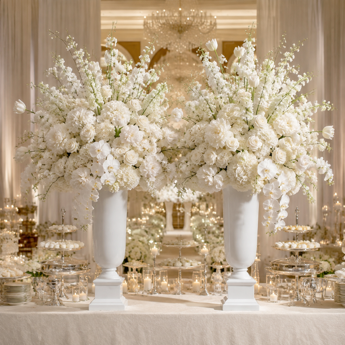 Two large white classical-style pedestal vases filled with abundant white floral arrangements, set on a decorated event table with candles, dessert stands, and warm chandelier lighting in the background.