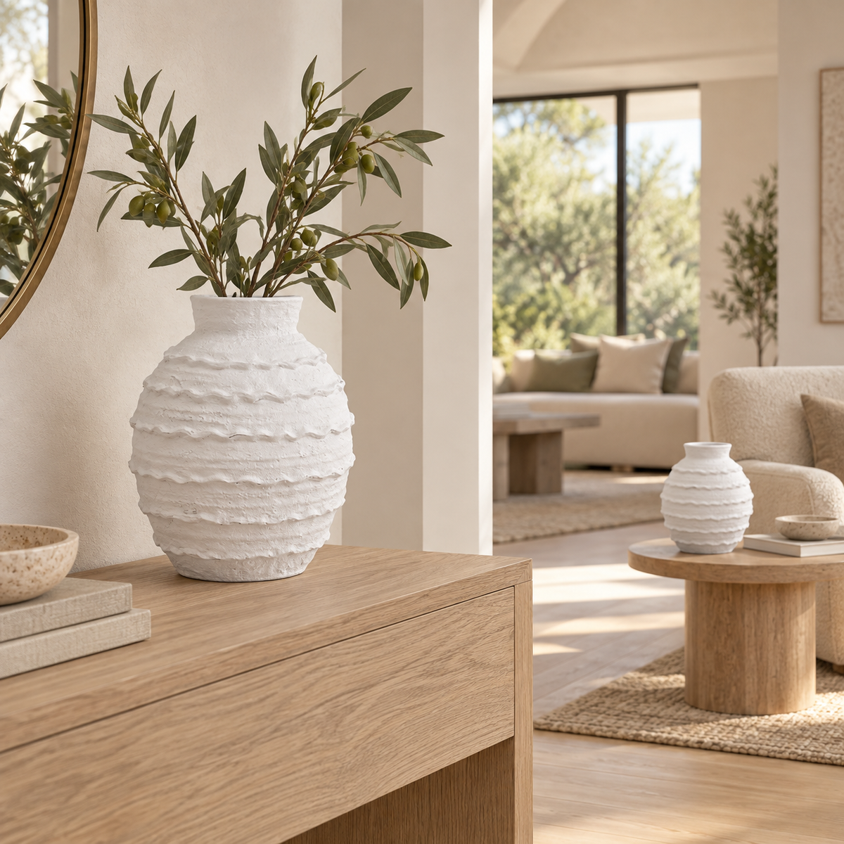 A textured white ceramic vase with a wavy ribbed pattern, filled with green olive branches, displayed on a light wood console table in a bright, modern living room.