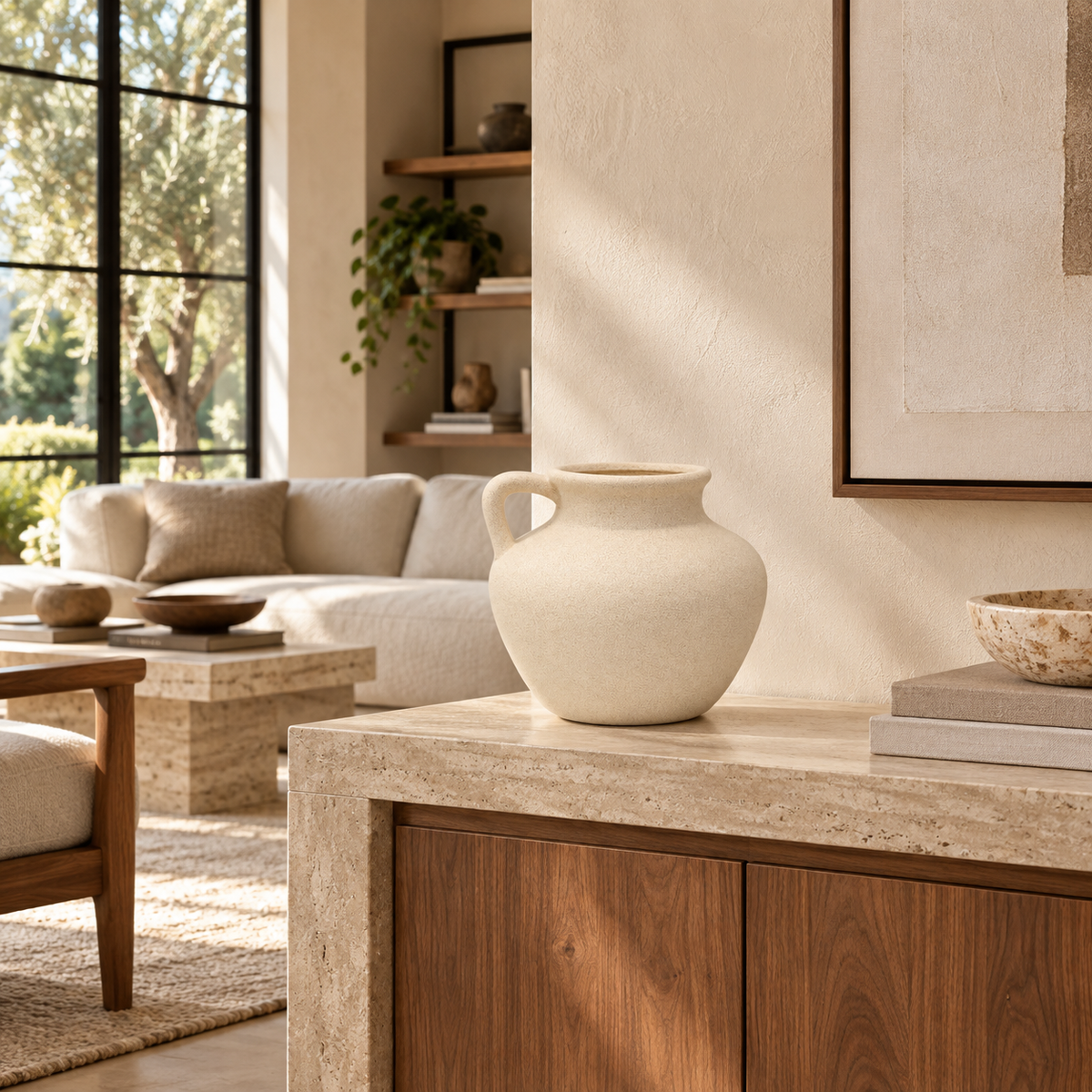 A textured cream ceramic vase with a single loop handle, displayed on a light stone console table in a modern, sunlit living room.