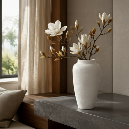 A white textured ceramic vase filled with white magnolia blossoms and brown buds, placed on a dark gray stone console table in a modern, neutral-toned living room.