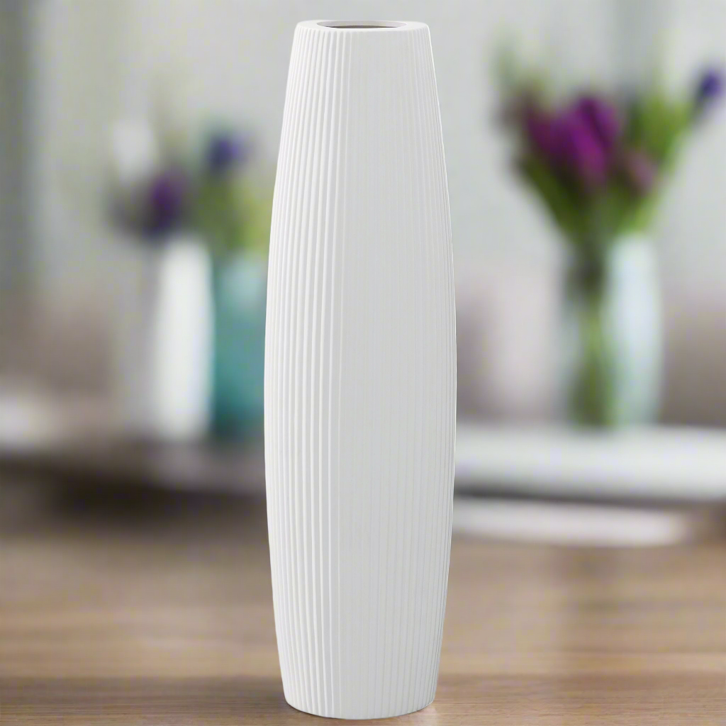 Carlisha Ceramic Bellied Round Vase with Ribbed Design and Tapered Bottom